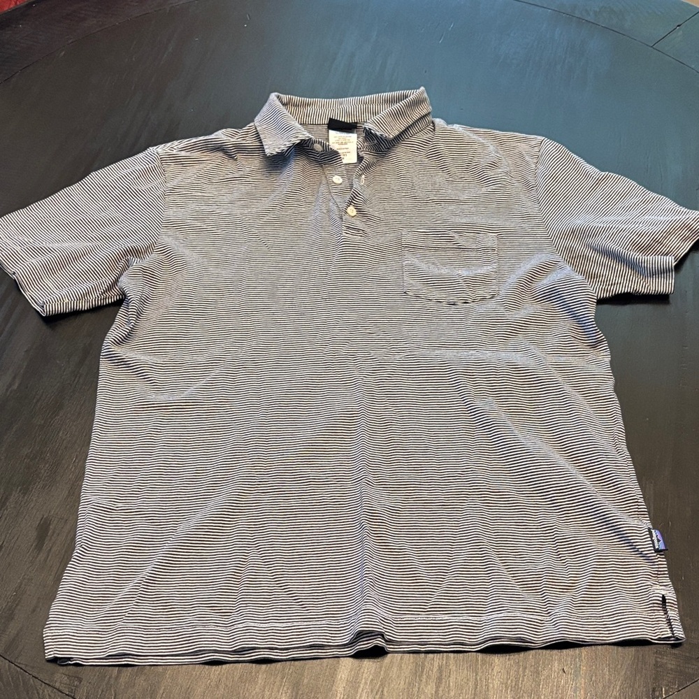 Patagonia Navy and White Striped Polo Shirt size Medium